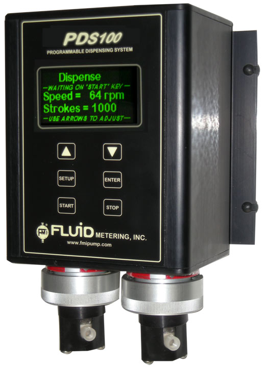 The PDS100 is a precision system capable of dispensing or pumping fluids ranging from 3 mL per dispense or 18 mL/min continuous (Single RH00LF) up to 1,536 mL/min (Dual Q3) into pressures ranging from 10 to 100 psi (RH).
