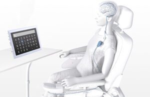 An illustration showing Synchron's brain-computer interface (BCI) system, which uses the Stentrode brain implant to sense brain signals and relay them to a receiver implant in a patient's chest.