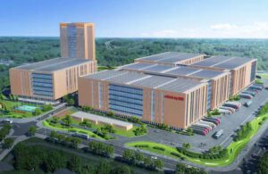 A rendering of Mindray's new Longhua manufacturing center, including a tall tower 