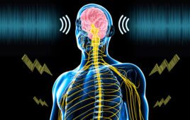 A chronic pain illustration showing sound and electrical stimulation