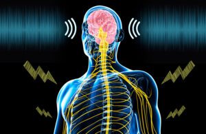 A chronic pain illustration showing sound and electrical stimulation