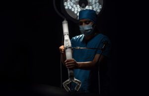 A surgeon posing next to Virtual Incision's MIRA robotic assisted surgery arm