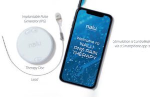 The components of Nalu Medical's Nalu Neurostimulation System, including a micro-IPG and a smartphone-based app.
