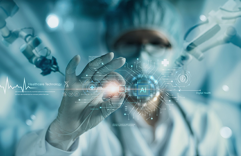 Adobe Stock image shows a masked and gowned surgeon with robotic surgery arms around him using some kind of augmented reality program hanging in the air to symbolize artificial intelligence and medtech companies such as Medtronic.