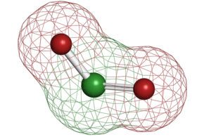 A molecular model of chlorine dioxide (ClO₂), a chemical used for sterilizing medical devices and disinfecting food and water.