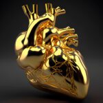 An illustration of an anatomical heart made of gold. Gold is a conflict mineral used by Medtronic.