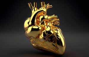 An illustration of an anatomical heart made of gold. Gold is a conflict mineral used by Medtronic.