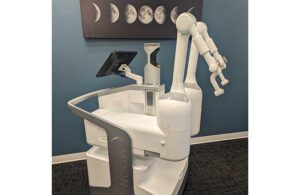 A photo of the Moon Surgical Maestro surgical robotics system.