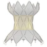 A photo showing Medtronic's Harmony transcatheter pulmonary valve (TPV), comprised of polyester material and pig heart tissue stitched to a nitinol wire frame.