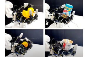 Four photos of the robotic hand manipulating rubber ducks, peanut butter jars, toy fruit and instant oatmeal cups.