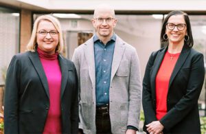 A portrait of Hoffer Plastics co-CEOs Gretchen Hoffer Farb, Alex Hoffer and Charlotte Hoffer Canning 