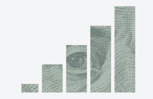 five bars of rising height on a white background. the bars have a picture of benjamin franklin's eye on the U.S. bank dollar superimposed within.