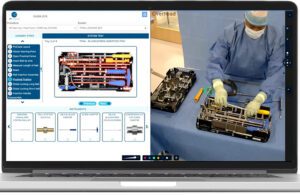 An image showing ORtelligence Rep+ displaying the location of surgical instrments in a kit and a nother screen showing the surgeon handling the kit.