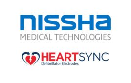 This image shows the logos of Nissha Medical Technologies and the company's HeartSync defibrillator pads.