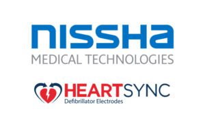 This image shows the logos of Nissha Medical Technologies and the company's HeartSync defibrillator pads.