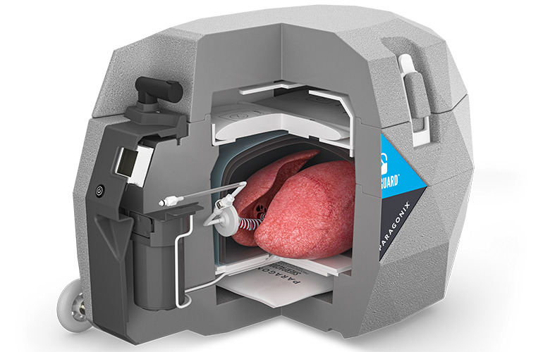 A cutaway illustration showing the interior of the Paragonix Baroguard system for transporting donor lungs.