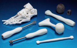 A photo of Restor3d 3D-printed orthopedic implants, anatomical models and surgical tools and guides.