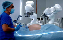 A photo of a surgeon using the Levita Magnetics MARS (magnetic-assisted robotic surgery) system.