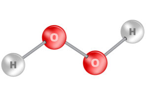 A molecular model of hydrogen peroxide (H2O2).