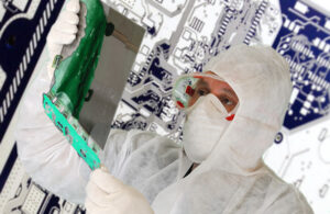 A photo of a medical device cleanroom employee inspecting electronics.