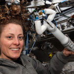 NASA astronaut and Expedition 70 Flight Engineer Loral O’Hara poses with Virtual Incision's spaceMIRA aboard the International Space Station.