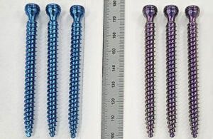 An image showing pedicle screws before and after being coated with Orthobond's Ostaguard antimicrobial technology. 