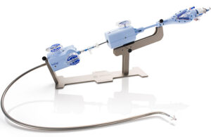 A photo showing the Abbott TriClip transcatheter edge-to-edge repair (TEER) delivery catheter and implant.