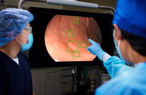 A photo of the Medtronic GI Genius ColonPro polyp detection system flagging a potential sign of colon cancer during a colonoscopy. [Photo courtesy of Medtronic]