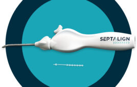 An image showing Spirair's bioabsorbable SeptAlign implant and delivery device for minimally invasive treatment of nasal septal deviation.