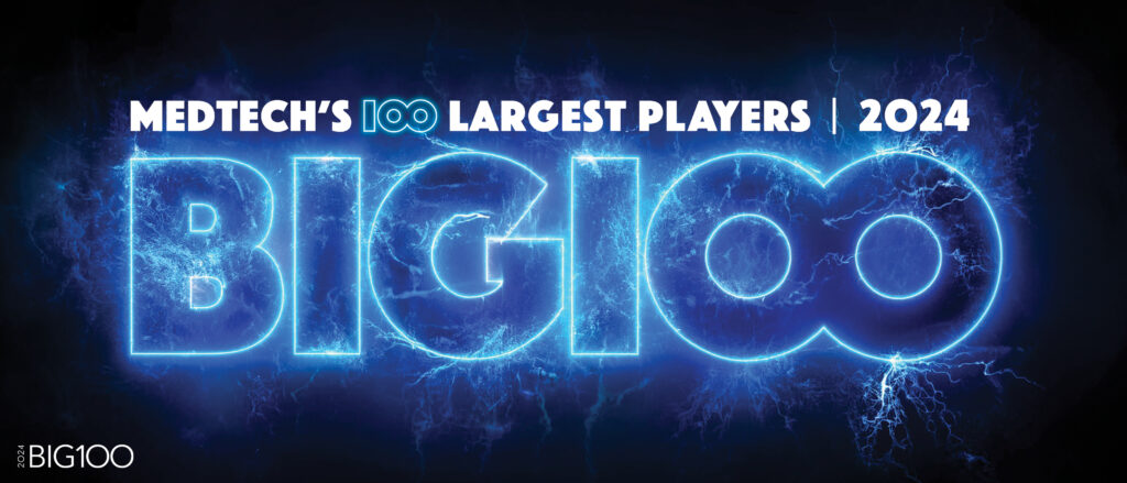 The logo for the 2024 Medtech Big 100 list of the largest medical device companies ranked by revenue.