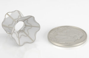 A photo of the Ventura interatrial shunt with a dime for scale.