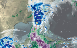 This is a screen grab of animation of NASA IMERG precipitation rates and totals as Hurricane Helene came ashore in late September 2024, affecting medical device medtech industry operations.