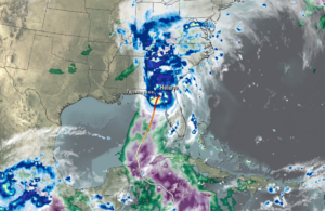 This is a screen grab of animation of NASA IMERG precipitation rates and totals as Hurricane Helene came ashore in late September 2024, affecting medical device medtech industry operations.