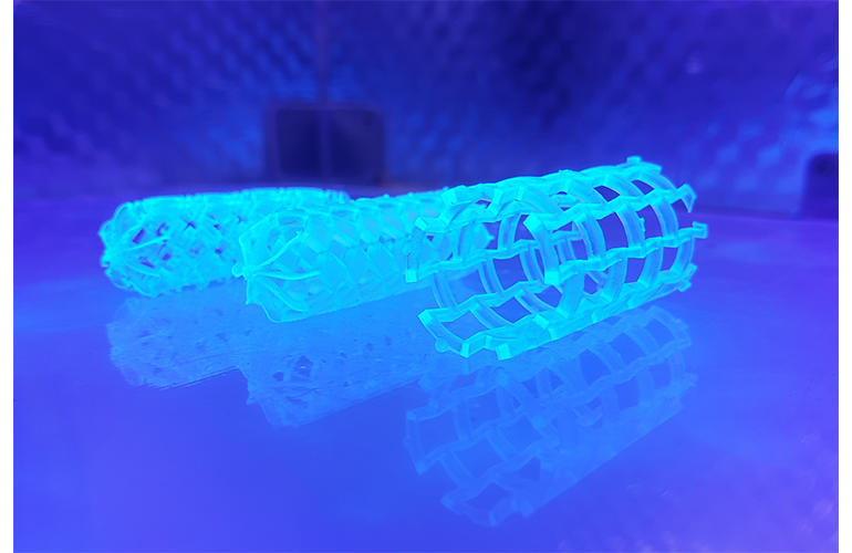 A photo of Massachusetts Institute of Technology's polymeric auxetic stent to treat pediatric aortic coarctation.