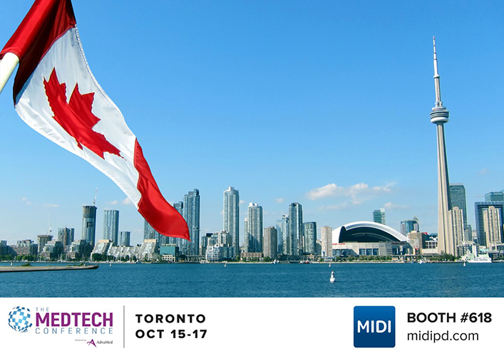 This is a MIDI marketing image about its expansion to Toronto and its participation in this year's MedTech Conference.