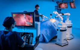 A photo of CMR Surgical's Versius Surgical System being used during a simulation of a cholecystectomy.