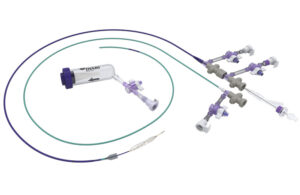 An image showing Inari Medical's Artix arterial thrombectomy system, including the FlowSaver Blood Return System, the Artix AX aspiration catheter, the Artix Thin-Walled Thrombectomy Sheath and the Artix MT mechanical thrombectomy device.