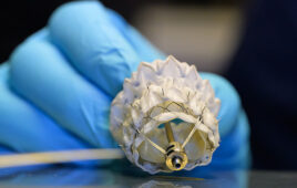 A photo of a heart valve implant developed by structural heart surgical robotics startup Capstan Medical.