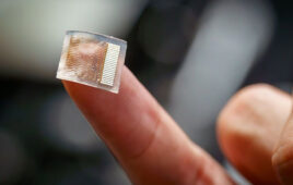 This is a UCSD image of a small, stretchy skin patch that uses ultrasound to provide continuous blood pressure monitoring deep inside the body.