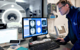 A photo from GE HealthCare and the University of California, San Francisco showing medical imaging equipment.