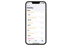 This is an Apple marketing image of mobility metrics in the Apple Health app in iOS 14.