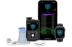 A photo of Medtronic's MiniMed 780G system and the Simplera Sync CGM sensor.
