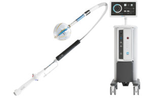 A photo of the Abbott Volt PFA catheter with an Agilis NxT Steerable Introducer and the Abbott Current PFA Generator