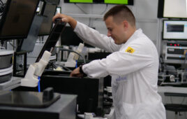 A photo of an Intuitive Surgical endoscope assembler at work in one of the device developer's European manufacturing facilities.