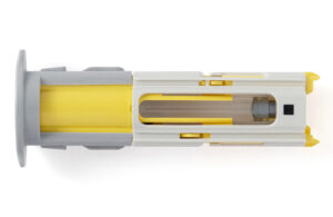 An image of a cassette with a pre-filled syringe for the Qfinity reusable autoinjector.