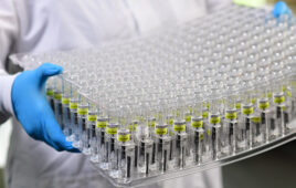 A photo showing a thermoformed work in process (WIP) tray for automated manufacturing and assembly of medical devices and pharmaceuticals.
