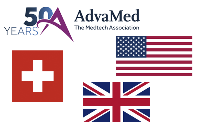 This image shows the logo of AdvaMed and the flags of the United States, Switzerland and United Kingdom as AdvaMed works with fellow medtech trade associations at top trade partners to shield the medical device industry from global trade wars.