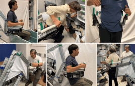 A collage of the MIT E-BAR robot in use by the researchers.