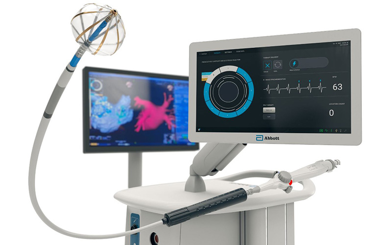An image of the Abbott Volt PFA System catheter and cart, which helps physicians visualize the location and effectiveness of cardiac ablation.