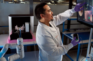 A photo of Johnson & Johnson MedTech's Polyphonic-connected Monarch robotics-assisted bronchoscopy system in the lab.